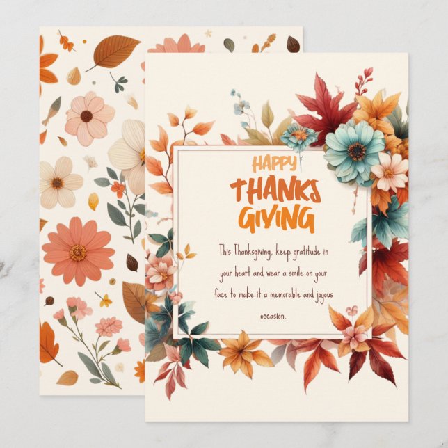 Invitación Sober Thanksgiving Cards with Fall Flowers (Anverso / Reverso)