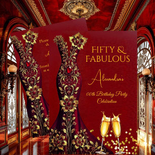 Invitación Soberbio vestido rojo con joyas doradas para cumpl