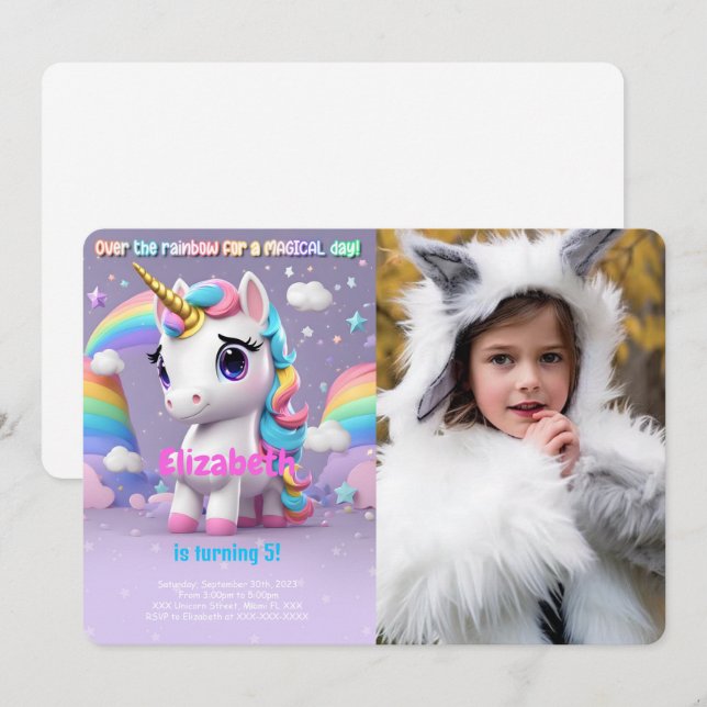 Invitación Sobre El Arcoíris, Foto de Cumpleaños de Unicornio (Anverso / Reverso)
