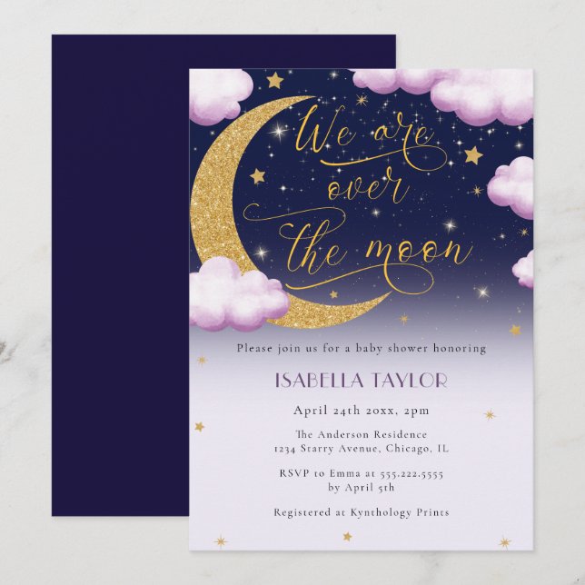 Invitación Sobre el Baby Shower Chica rosa de la luna (Anverso / Reverso)