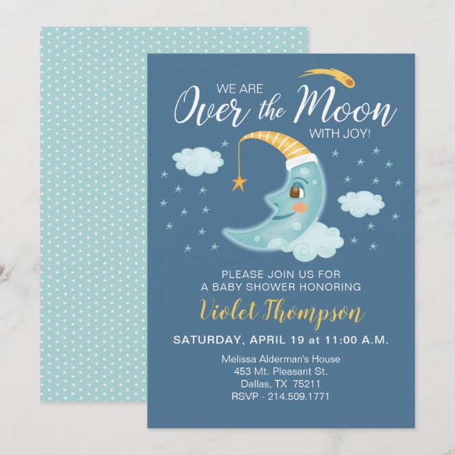 Invitación Sobre el Baby Shower de Moon Navy Blue Boy (Anverso / Reverso)