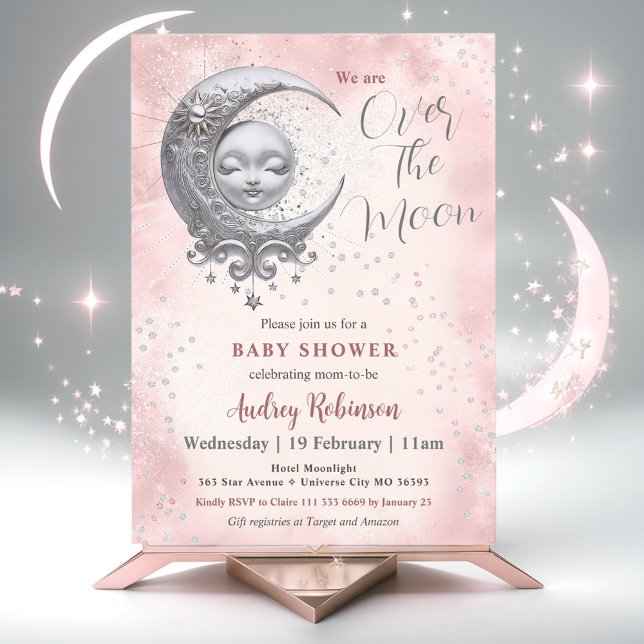 Invitación Sobre el Baby Shower del Chica Rosa De La Luna (Over The Moon Pink Girl Baby Shower Invitation)
