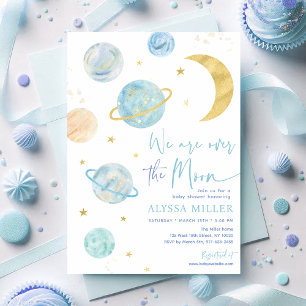 Invitación Sobre el Baby Shower espacial Moon Blue Boy