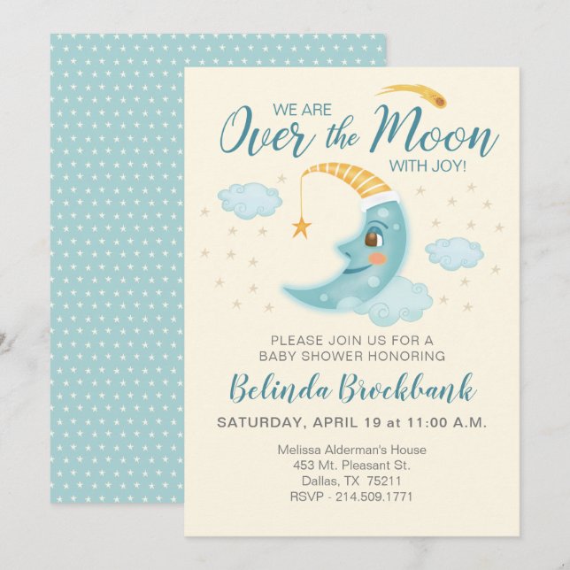 Invitación Sobre el Baby Shower espacial Moon Blue Boy (Anverso / Reverso)
