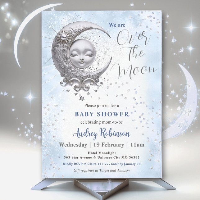 Invitación Sobre el Baby Shower Moon Blue Boy (Over The Moon Blue Boy Baby Shower Invitation)