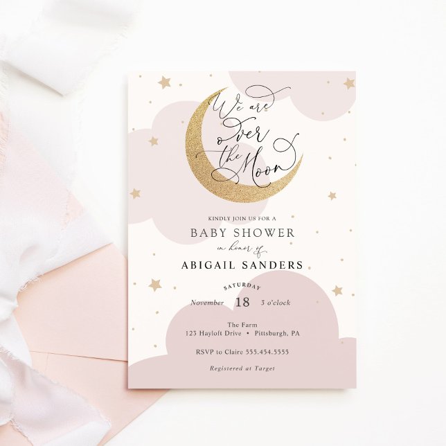 Invitación Sobre el Baby Shower rosa de la luna de oro (Subido por el creador)