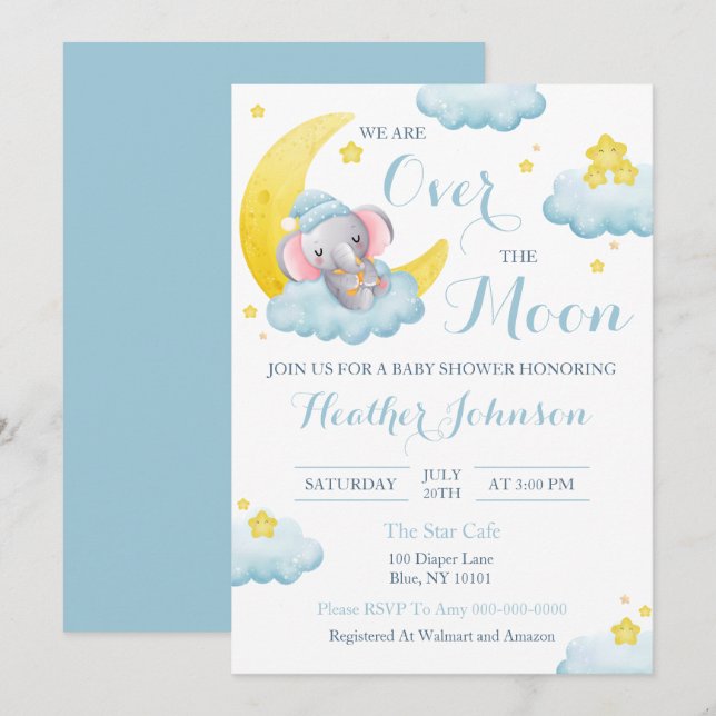 Invitación Sobre el elefante de la luna Baby Shower (Anverso / Reverso)