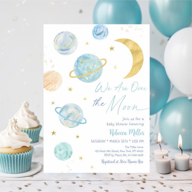 Invitación Sobre el espacio de la luna azul Pastel Baby Showe (Subido por el creador)