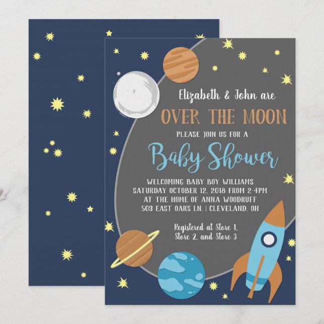 Invitación Sobre el espacio exterior Baby Shower de la luna (Anverso / Reverso)