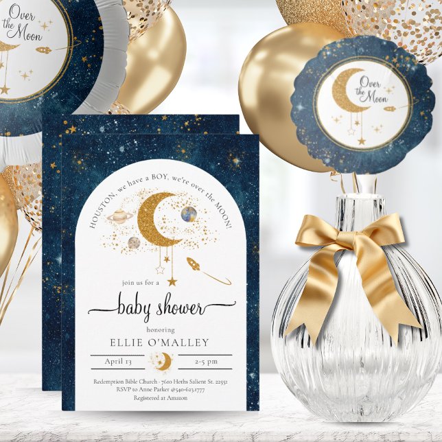 Invitación Sobre el tema del espacio lunar Baby Shower (Over the Moon Space Theme Baby Shower Invitation)