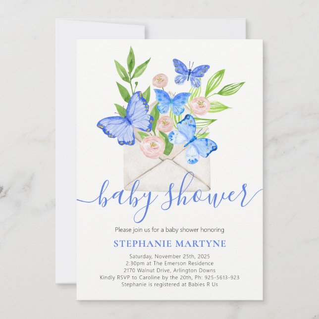 Invitación Sobre floral azul mariposa Baby Shower (Anverso)