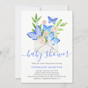 Invitación Sobre floral azul mariposa Baby Shower
