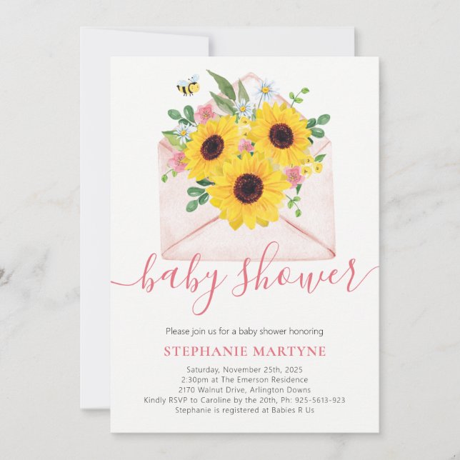Invitación Sobre floral de girasol Baby Shower (Anverso)