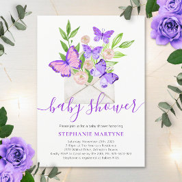 Invitación Sobre floral morado de mariposa Baby Shower