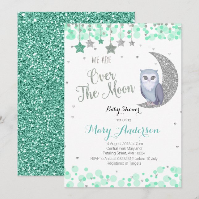 Invitación Sobre la Casa de la Luna Baby Shower Mint Green (Anverso / Reverso)