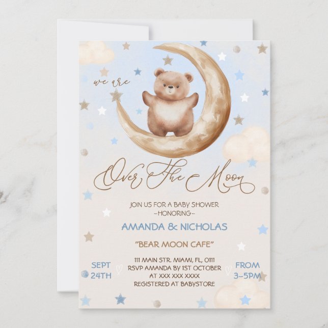 Invitación Sobre la ducha Moon Blue Bear Boy (Anverso)