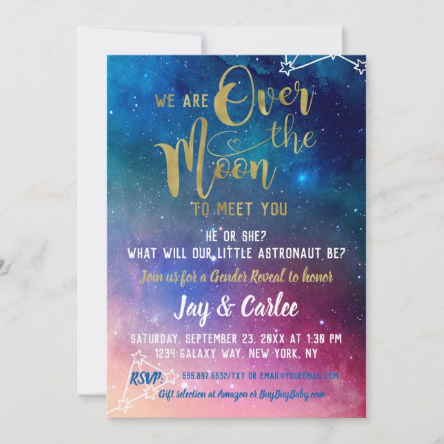 Invitación Sobre la galaxia lunar género revelan Baby Shower (Anverso)