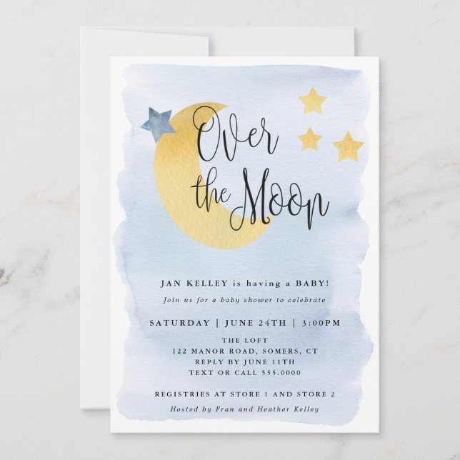 Invitación Sobre la luna, azul acuarela Baby Shower (Anverso)