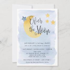 Invitación Sobre la luna, azul acuarela Baby Shower
