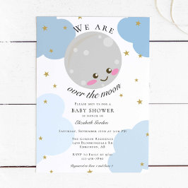 Invitación Sobre la luna Baby Shower Blue Cute Gold Kawaii In