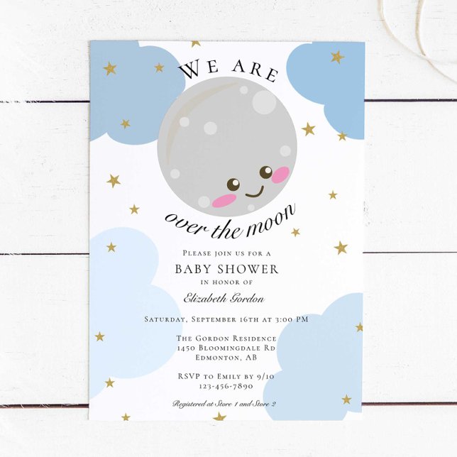 Invitación Sobre la luna Baby Shower Blue Cute Gold Kawaii In (Subido por el creador)