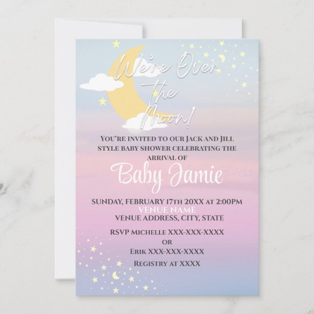 Invitación Sobre la luna Baby Shower Estrellas Chicas rosadas (Anverso)