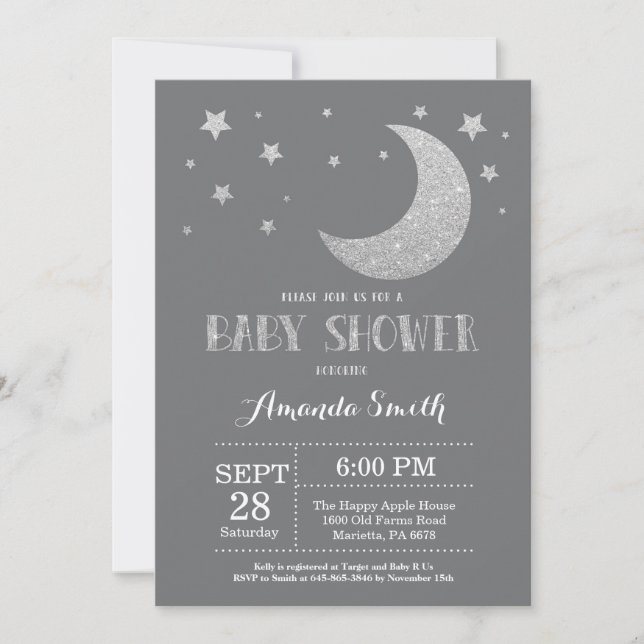 Invitación Sobre la luna Baby Shower Invitar a Purpurina plat (Anverso)