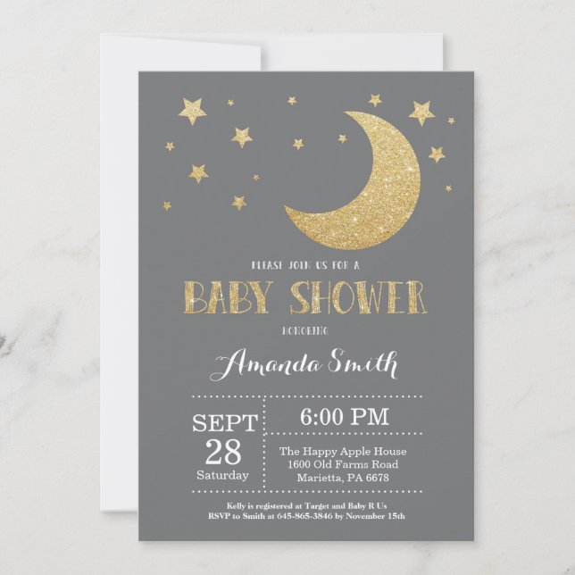 Invitación Sobre la luna Baby Shower Invitation Gold Purpurin (Anverso)