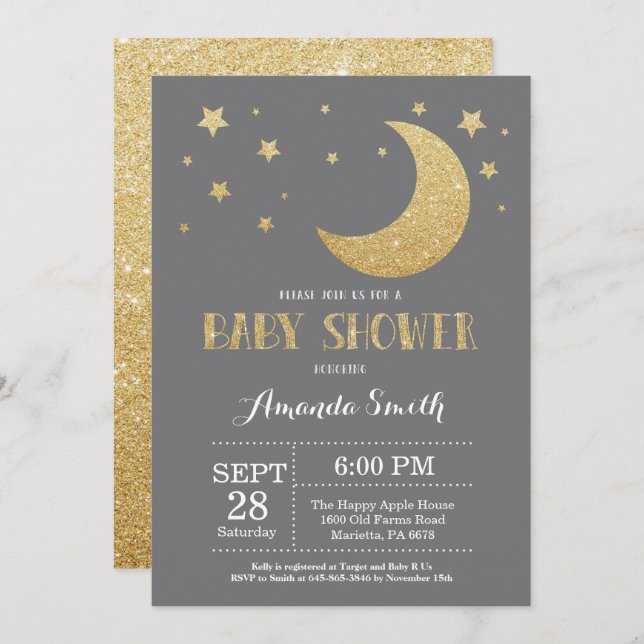 Invitación Sobre la luna Baby Shower Invitation Gold Purpurin (Anverso / Reverso)
