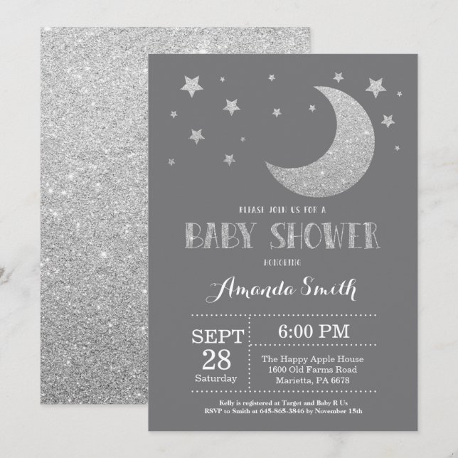 Invitación Sobre la luna Baby Shower invite al purpurina de (Anverso / Reverso)