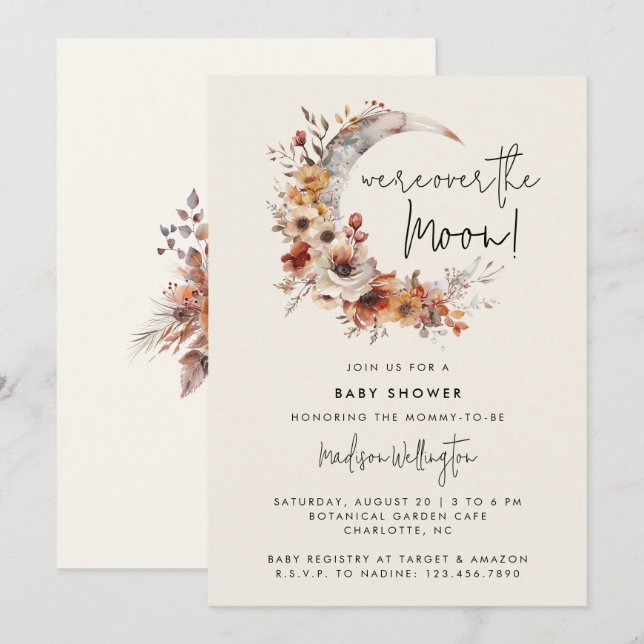 Invitación Sobre la luna - Baby Shower Neutral Boho Florals (Anverso / Reverso)