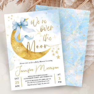 Invitación Sobre la Luna Baby Shower Niño Lazo Azul Dorado