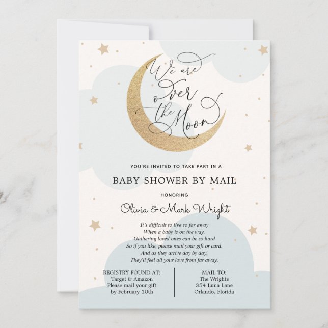 Invitación Sobre la luna Baby Shower por correo (Anverso)