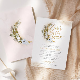 Invitación Sobre la Luna Boho Oro Polvo y Nubes Baby Shower