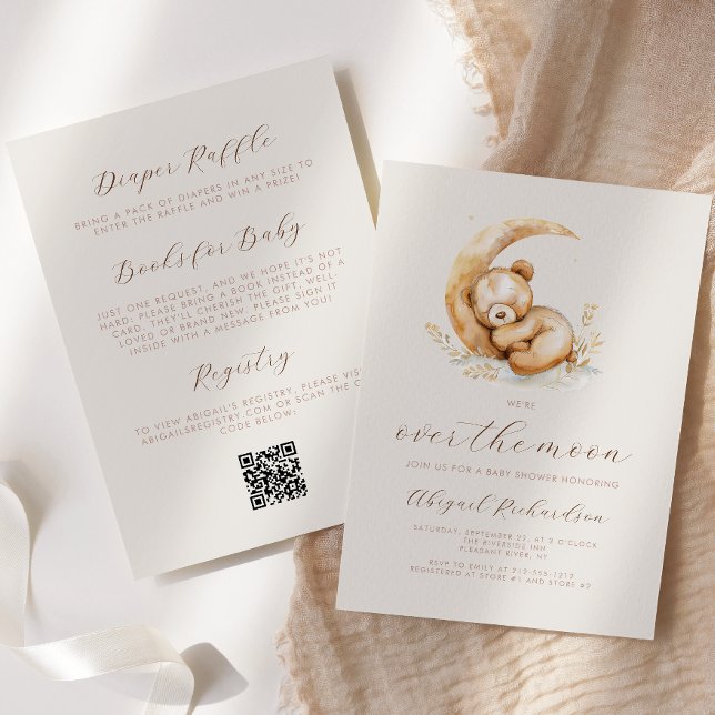 Invitación Sobre la Luna Boho Osito Código QR Baby Shower (Subido por el creador)