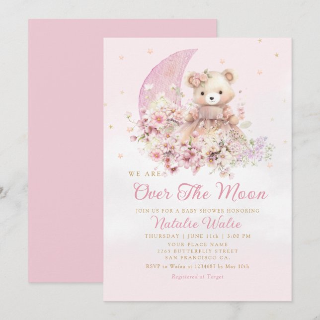 Invitación Sobre la luna Boho Teddy Bear Chica Baby Shower (Anverso / Reverso)