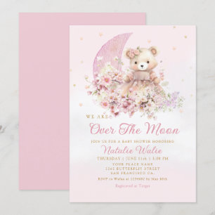 Invitación Sobre la luna Boho Teddy Bear Chica Baby Shower