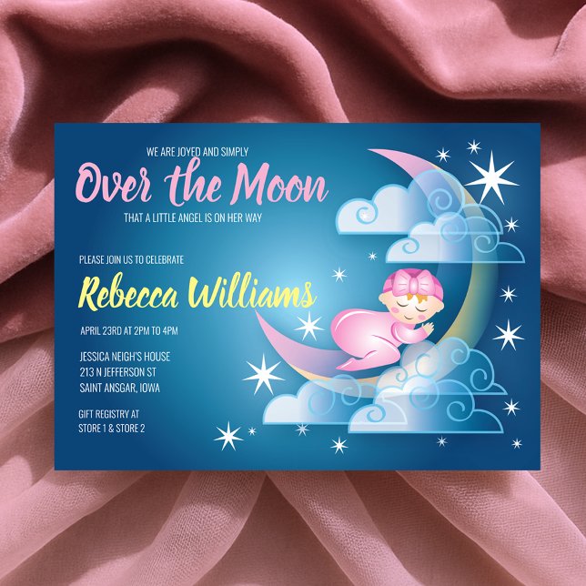 Invitación Sobre La Luna Cañón Baby Shower - Piel más Ligera (Over The Moon Cradled Baby Shower - Lighter Skin Invitation)