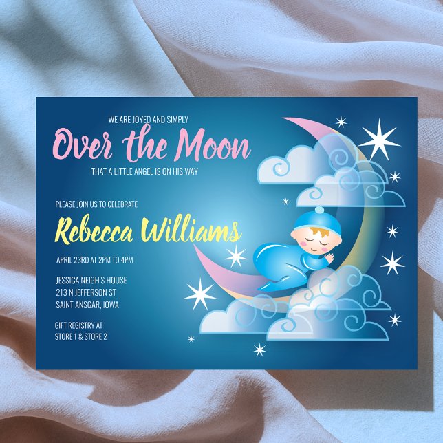 Invitación Sobre La Luna Cañón Baby Shower - Piel más Ligera (Over The Moon Cradled Baby Shower - Lighter Skin Invitation
)