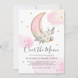 Invitación Sobre la luna Chica dorado rosado Baby Shower I