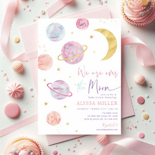 Invitación Sobre la luna Chica espacial rosa Baby Shower