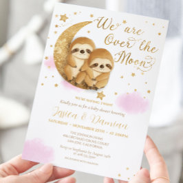 Invitación Sobre la luna Chica gemelos gemelos rosados Baby S