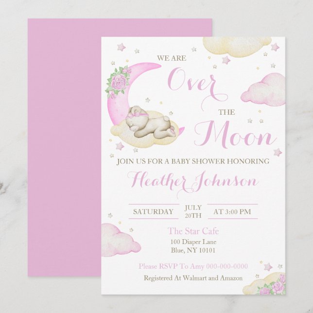 Invitación Sobre la luna Chica oso Baby Shower (Anverso / Reverso)