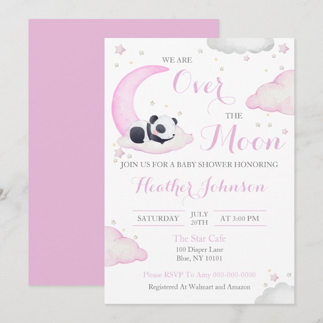 Invitación Sobre la luna Chica Panda Bear Baby Shower (Anverso / Reverso)