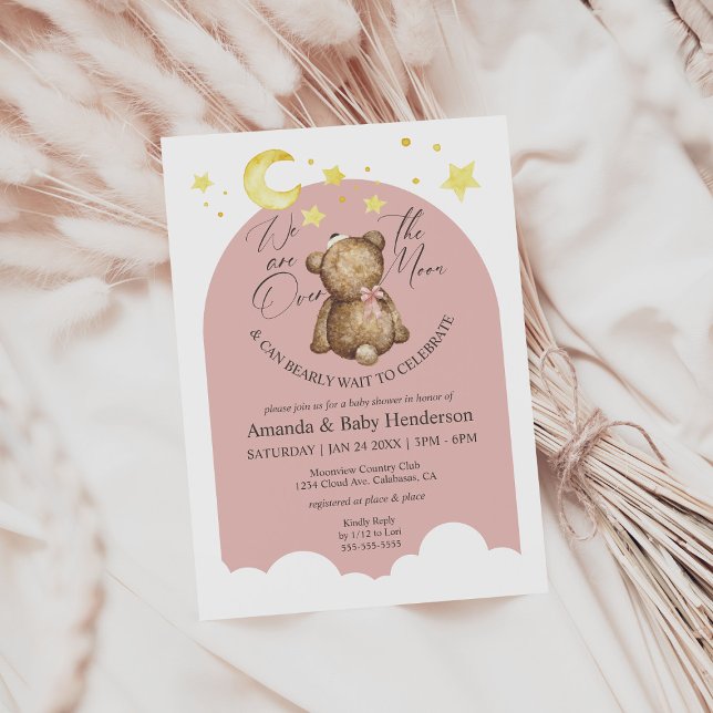 Invitación Sobre la luna Chica rosa Teddy Bear Baby Shower (Subido por el creador)