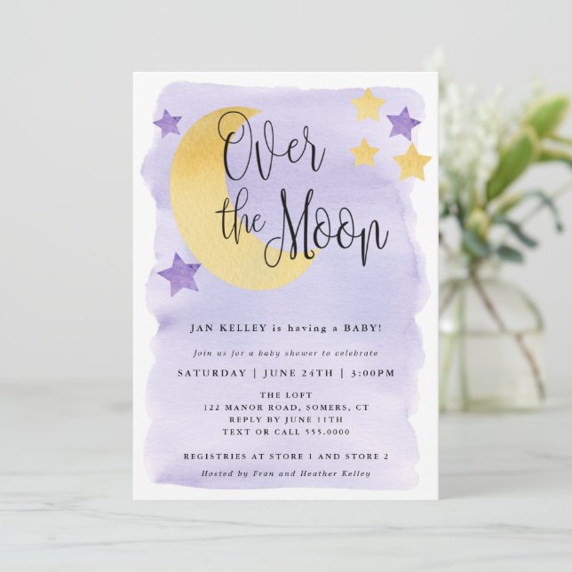 Invitación Sobre la luna, color morado Baby Shower (Anverso de pie)