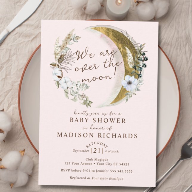 Invitación Sobre la luna de oro Dreamy Boho Pink Baby Shower (Subido por el creador)