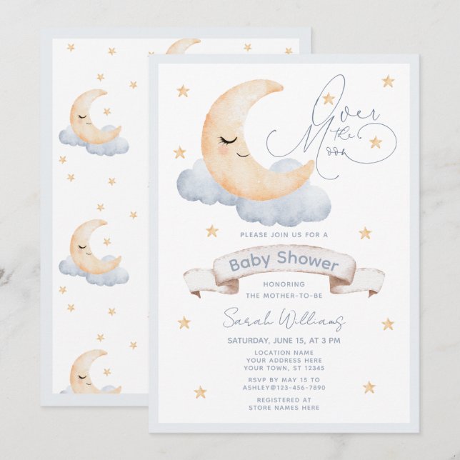 Invitación Sobre la luna de oro estrellas azul Baby Shower (Anverso / Reverso)
