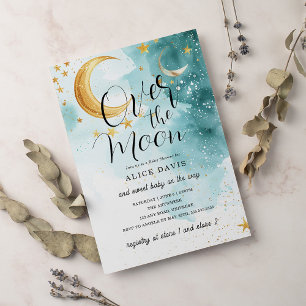 Invitación Sobre la luna de oro estrellas azul Baby Shower