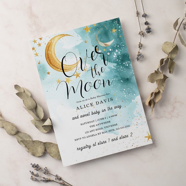 Invitación Sobre la luna de oro estrellas azul Baby Shower (Subido por el creador)